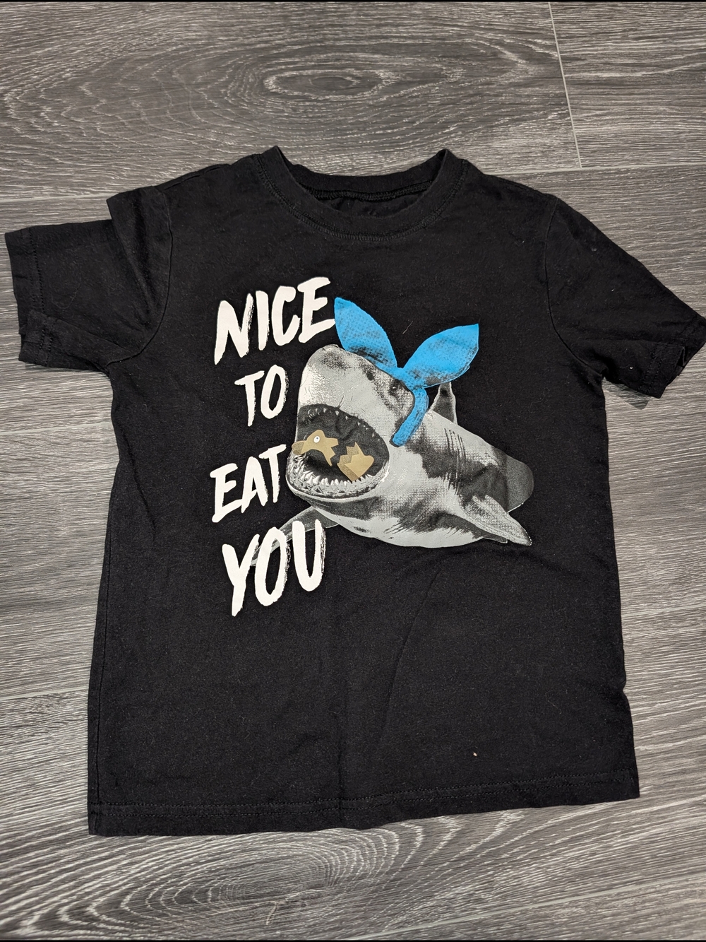 Kids Black Graphic Tee with Blue Bow Shark Design